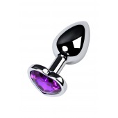 Серебристая коническая анальная пробка с фиолетовым кристаллом-сердечком - 7 см. - ToyFa - купить с доставкой в Твери