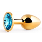 Золотистая анальная пробка с голубым стразом - 7,2 см. - Anal Jewelry Plug - купить с доставкой в Твери