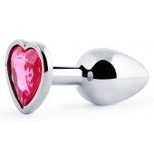 Серебристая анальная пробка с малиновым кристаллом-сердечком - 7 см. - Anal Jewelry Plug - купить с доставкой в Твери