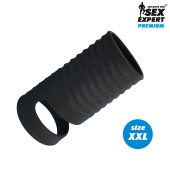 Черная открытая насадка на пенис с кольцом для мошонки XXL-size - 9,4 см. - Sex Expert - в Твери купить с доставкой