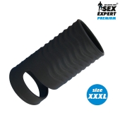Черная открытая насадка на пенис с кольцом для мошонки XXXL-size - 9,9 см. - Sex Expert - в Твери купить с доставкой