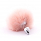 Серебристая анальная пробка с бежевым хвостиком - Crazy Handmade