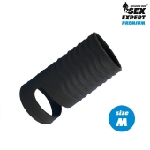 Черная открытая насадка на пенис с кольцом для мошонки size M - 7,9 см. - Sex Expert - в Твери купить с доставкой