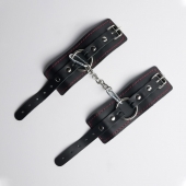 Черные кожаные наручники с красной строчкой - Crazy Handmade - купить с доставкой в Твери