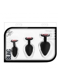 Набор черных анальных пробок с красным кристаллом-сердечком Bling Plugs Training Kit - Blush Novelties - купить с доставкой в Твери