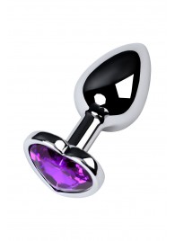Серебристая коническая анальная пробка с фиолетовым кристаллом-сердечком - 7 см. - ToyFa - купить с доставкой в Твери