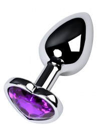 Серебристая коническая анальная пробка с фиолетовым кристаллом-сердечком - 7 см. - ToyFa - купить с доставкой в Твери