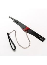 Черный широкий ошейник с красным декором и поводком - Crazy Handmade - купить с доставкой в Твери