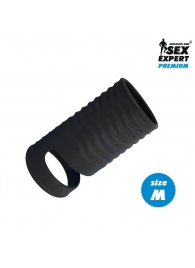 Черная открытая насадка на пенис с кольцом для мошонки size M - 7,9 см. - Sex Expert - в Твери купить с доставкой