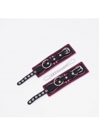 Черно-розовые кожаные наручники с розовой строчкой - Crazy Handmade - купить с доставкой в Твери