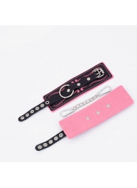 Черно-розовые кожаные наручники с розовой строчкой - Crazy Handmade - купить с доставкой в Твери