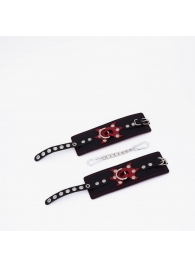 Черные кожаные наручники с красным декором и строчкой - Crazy Handmade - купить с доставкой в Твери