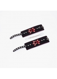 Черные кожаные наручники с красным декором и строчкой - Crazy Handmade - купить с доставкой в Твери