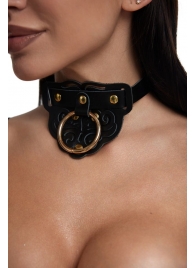 Черный фигурный кожаный ошейник с золотистой фурнитурой - Crazy Handmade - купить с доставкой в Твери