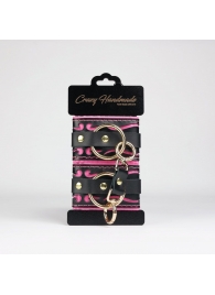 Черные кожаные наручники с розовой строчкой - Crazy Handmade - купить с доставкой в Твери