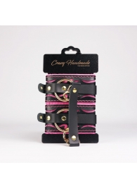 Черные кожаные оковы с розовой строчкой - Crazy Handmade - купить с доставкой в Твери