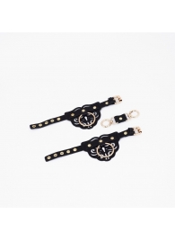 Черные кожаные наручники с клепками, кольцами и золотистой фурнитурой - Crazy Handmade - купить с доставкой в Твери