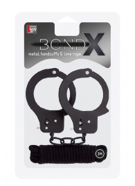 Чёрные наручники из листового металла в комплекте с веревкой BONDX METAL CUFFS LOVE ROPE SET - Dream Toys - купить с доставкой в Твери