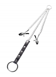 Серебристо-чёрные зажимы для сосков с кольцом для пениса TOYFA Metal - ToyFa - купить с доставкой в Твери