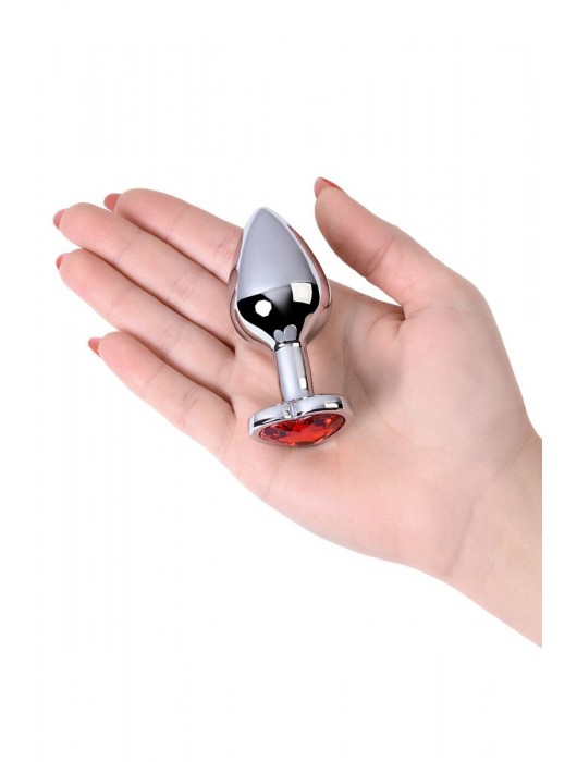 Серебристая коническая анальная пробка с красным кристаллом-сердечком - 7 см. - ToyFa - купить с доставкой в Твери