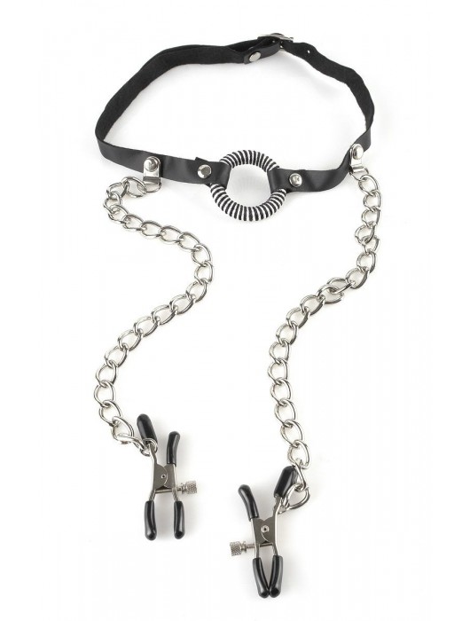 Кляп, соединенный цепочкой с клипсами для сосков - Pipedream - купить с доставкой в Твери