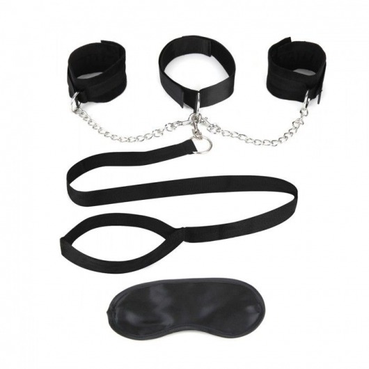 Чёрный ошейник с наручниками и поводком Collar Cuffs   Leash Set - Lux Fetish - купить с доставкой в Твери