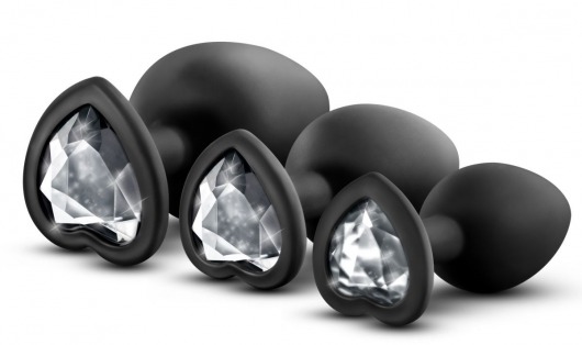 Набор из 3 черных пробок с прозрачным кристаллом-сердечком Bling Plugs Training Kit - Blush Novelties - купить с доставкой в Твери