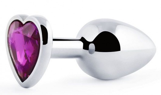 Серебристая анальная пробка с фиолетовым кристаллом-сердечком - 8 см. - Anal Jewelry Plug - купить с доставкой в Твери