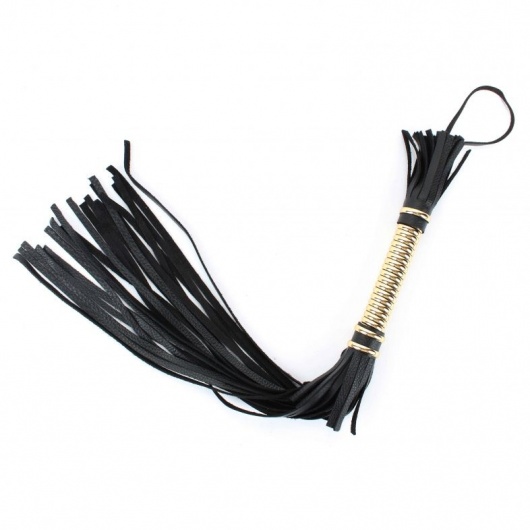 Чёрная плетка  из натуральной кожи с золотистой отделкой рукояти - БДСМ Арсенал - купить с доставкой в Твери