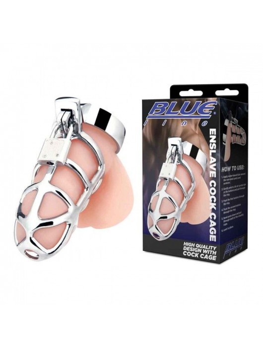 Серебристая металлическая клетка для члена с замком Enslave Cock Cage - BlueLine - купить с доставкой в Твери