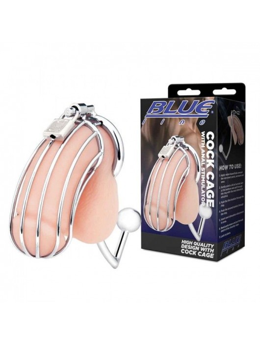 Серебристая металлическая клетка с анальным стимулятором Cock Cage - BlueLine - купить с доставкой в Твери