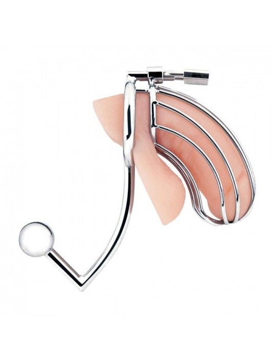 Серебристая металлическая клетка с анальным стимулятором Cock Cage - BlueLine - купить с доставкой в Твери