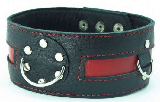 Чёрный кожаный ошейник с красной полосой и кольцами - БДСМ Арсенал - купить с доставкой в Твери