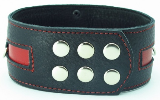 Чёрный кожаный ошейник с красной полосой и кольцами - БДСМ Арсенал - купить с доставкой в Твери