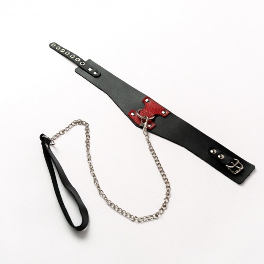 Черный широкий ошейник с красным декором и поводком - Crazy Handmade - купить с доставкой в Твери