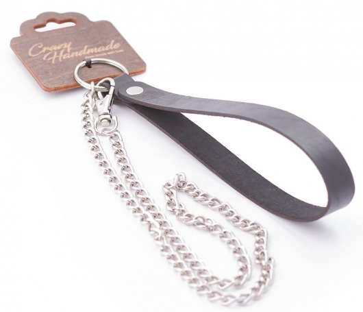 Серебристый металлический поводок с кожаной черной ручкой - 80 см. - Crazy Handmade - купить с доставкой в Твери
