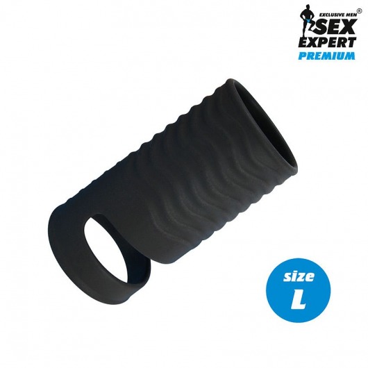 Черная открытая насадка на пенис с кольцом для мошонки L-size - 8,5 см. - Sex Expert - в Твери купить с доставкой