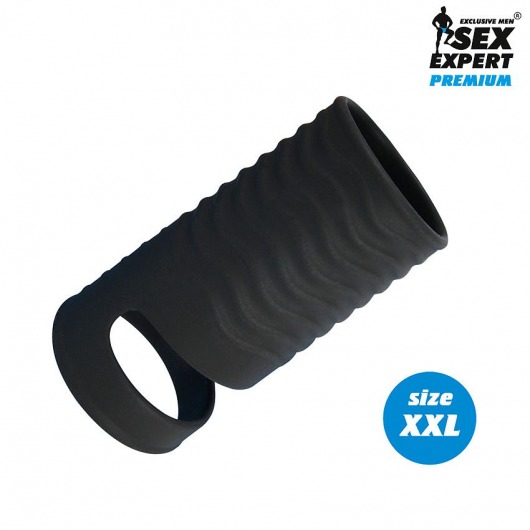 Черная открытая насадка на пенис с кольцом для мошонки XXL-size - 9,4 см. - Sex Expert - в Твери купить с доставкой