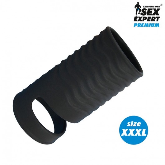 Черная открытая насадка на пенис с кольцом для мошонки XXXL-size - 9,9 см. - Sex Expert - в Твери купить с доставкой