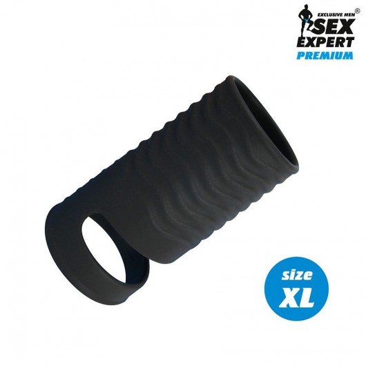 Черная открытая насадка на пенис с кольцом для мошонки XL-size - 8,9 см. - Sex Expert - в Твери купить с доставкой