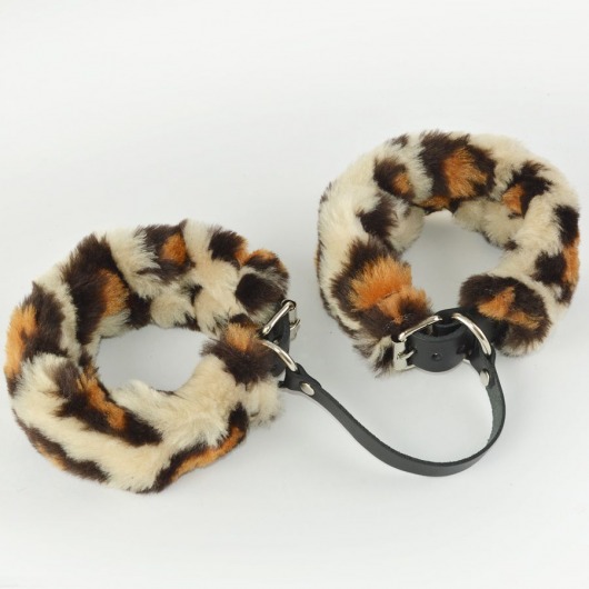 Черные кожаные оковы со съемной леопардовой опушкой - Sitabella - купить с доставкой в Твери