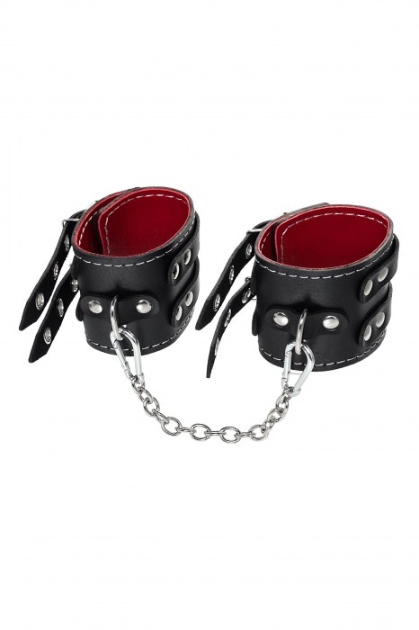 Черные кожаные оковы с двумя ремнями и красной подкладкой - Pecado - купить с доставкой в Твери