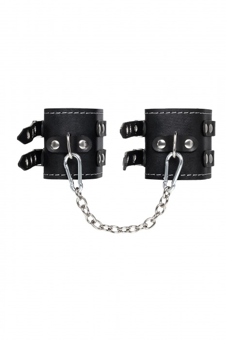 Черные кожаные оковы с двумя ремнями и красной подкладкой - Pecado - купить с доставкой в Твери