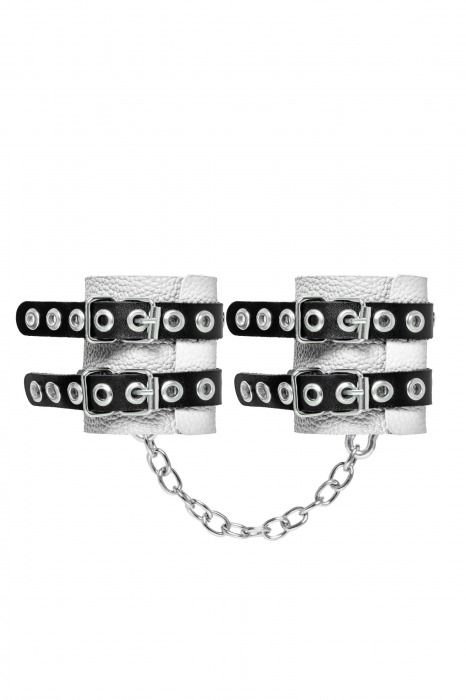 Бело-черные наручники с двумя ремешками и люверсами - Pecado - купить с доставкой в Твери