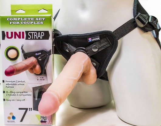 Страпон-унисекс с двумя насадками UNI strap 7  Harness - 19 и 16 см. - LOVETOY (А-Полимер) - купить с доставкой в Твери