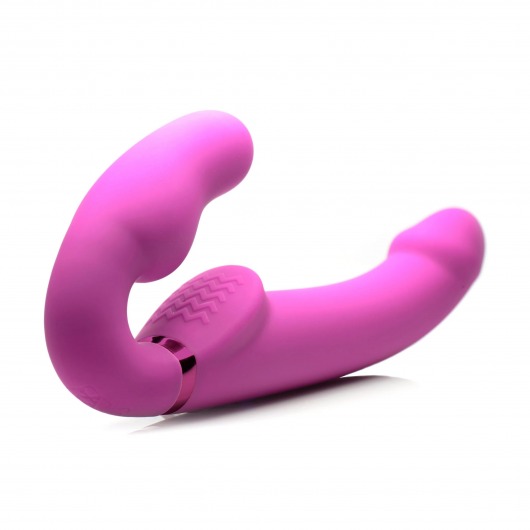 Розовый безремневой страпон с вибрацией и функцией расширения Inflatable Ergo-Fit Strapless Strap-On - XR Brands - купить с доставкой в Твери