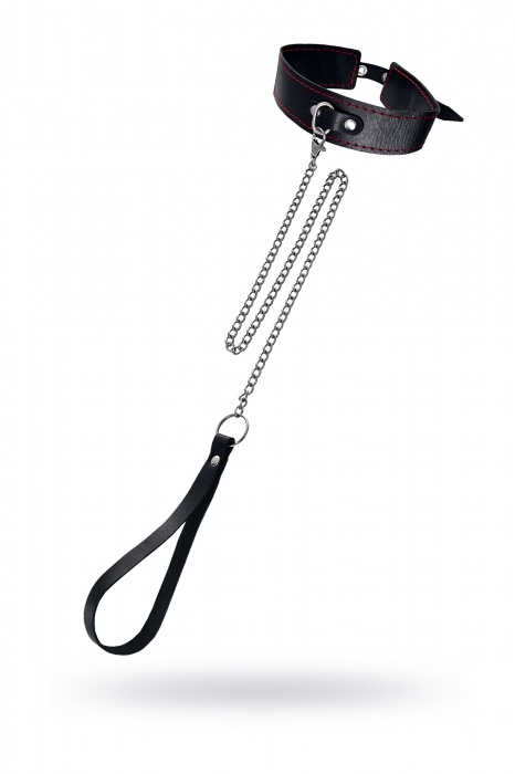 Кожаный двухслойный ошейник с красной строчкой и поводком - Pecado - купить с доставкой в Твери