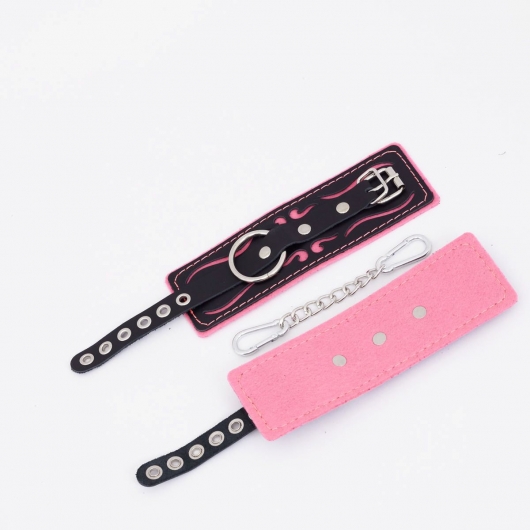 Черно-розовые кожаные наручники с розовой строчкой - Crazy Handmade - купить с доставкой в Твери