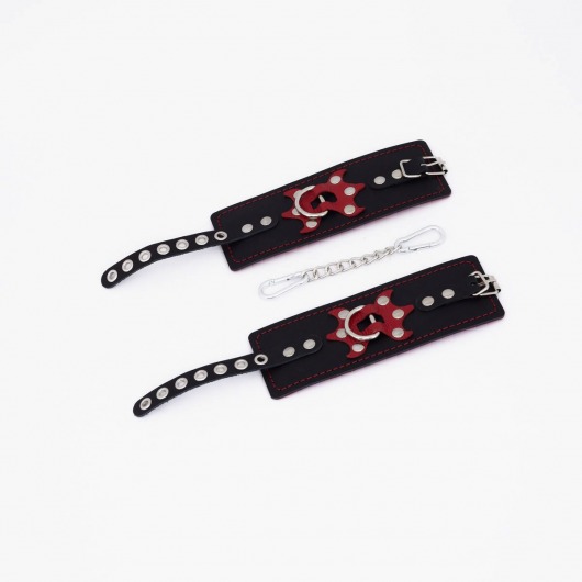 Черные кожаные наручники с красным декором и строчкой - Crazy Handmade - купить с доставкой в Твери