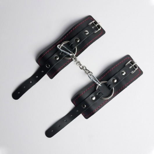 Черные кожаные наручники с красной строчкой - Crazy Handmade - купить с доставкой в Твери